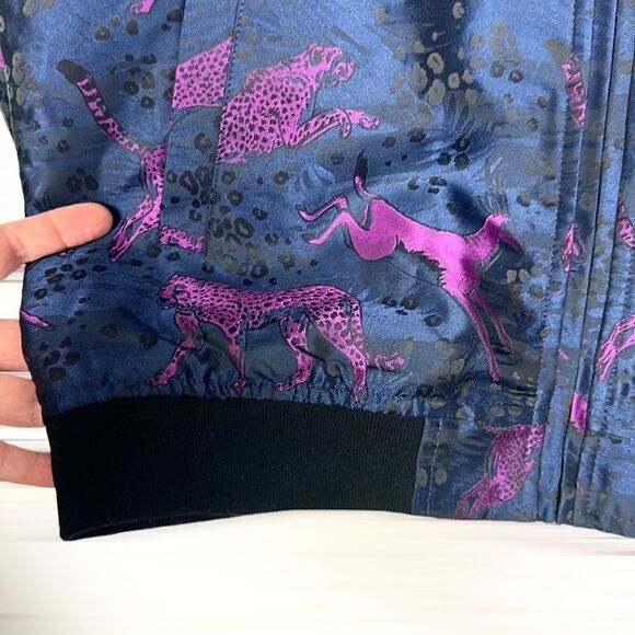 BERTIGO lan Animal Impala & Cheetah Jacquard  Bomber Jacket Navy Blue / Purple S - Picture 9 of 15